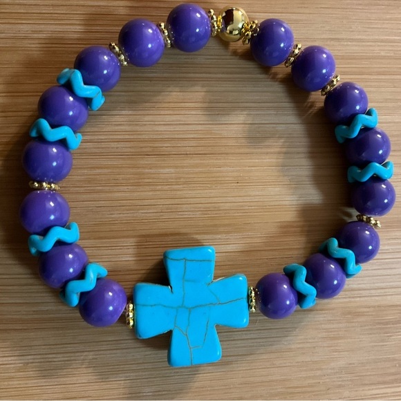 Hand Crafted Bracelet Purple Turquoise Cross Beaded Stretch 7 3/4” - Picture 1 of 5